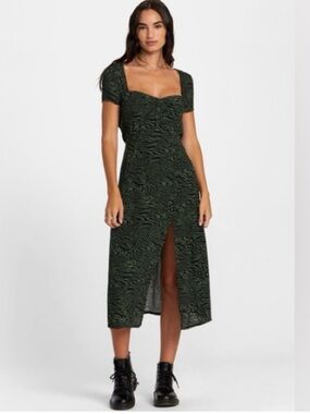RVCA Small Secrets Square Neck Midi Dress in Dark Green Black Animal Print